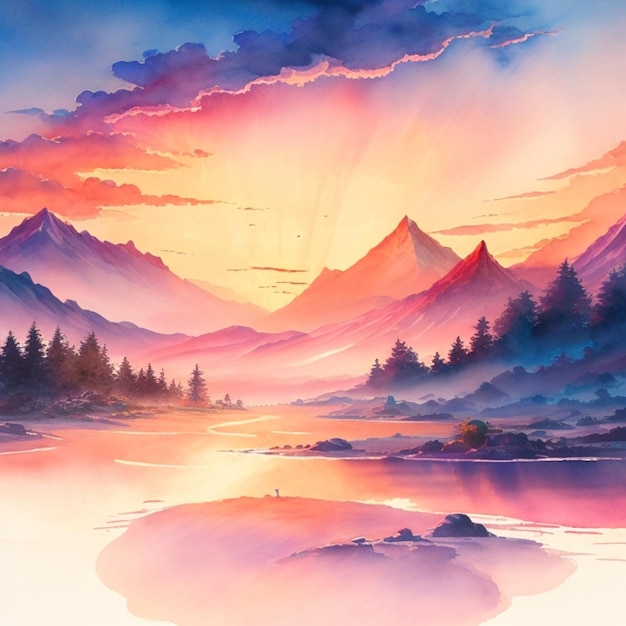 cenário de paisagem em aquarela com pôr do sol