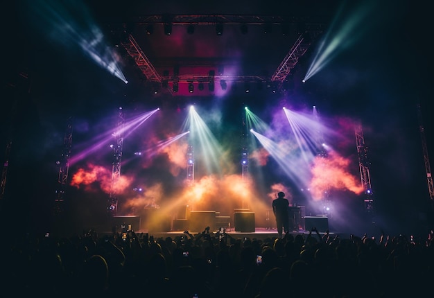 Cenário de palco de concerto com holofotes luzes coloridas fumaça