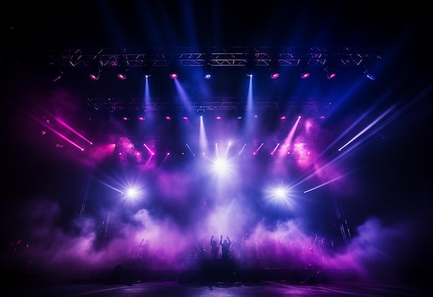 Cenário de palco de concerto com holofotes luzes coloridas fumaça