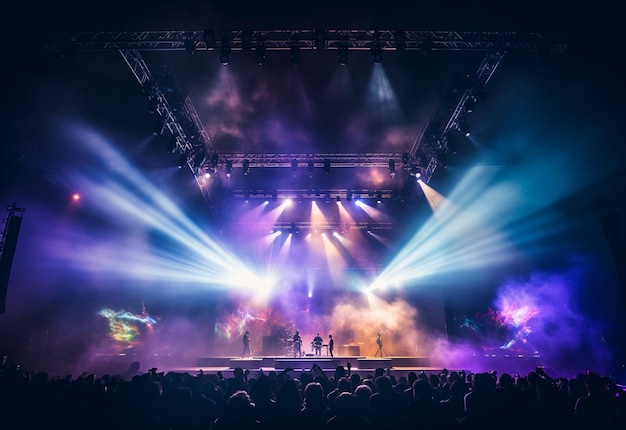 Cenário de palco de concerto com holofotes luzes coloridas fumaça