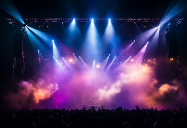 Cenário de palco de concerto com holofotes luzes coloridas fumaça