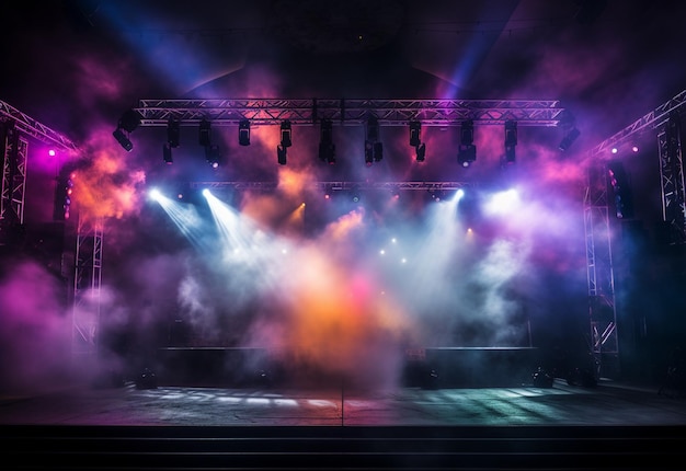 Cenário de palco de concerto com holofotes luzes coloridas fumaça