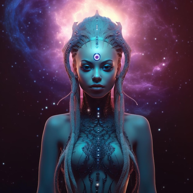 Foto cenário de pintura digital uma mulher em uma galáxia