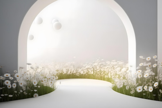 Cenário de pódio de beleza natural branca com campo de flores de primavera e estilo 3d de arco generative ai