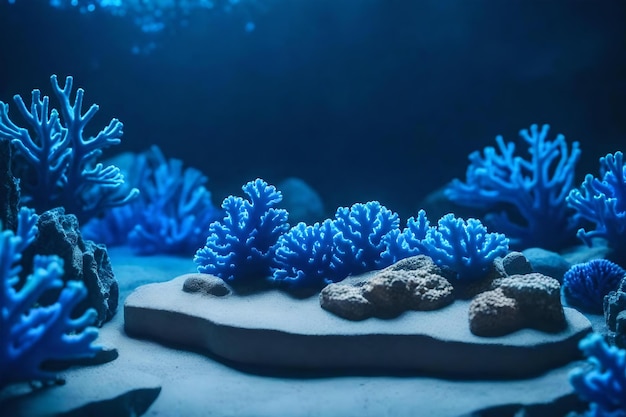 Cenário de pódio de rocha azul plana com corais azuis no estúdio fotográfico belos materiais