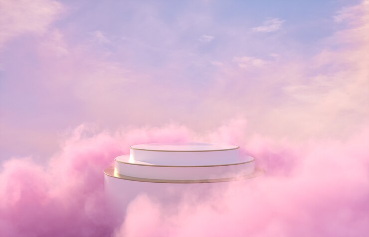 Foto cenário de pódio romântico para exposição de produto com fundo de céu de sonho.