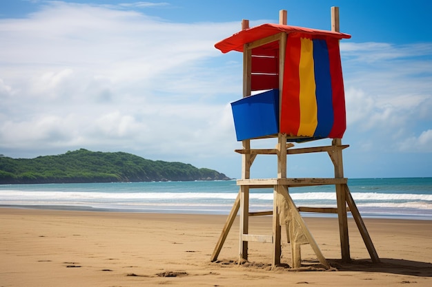 Cenário de praia vibrante e cativante bandeira da Costa Rica voa no topo de um poste de bambu com salva-vidas coloridos