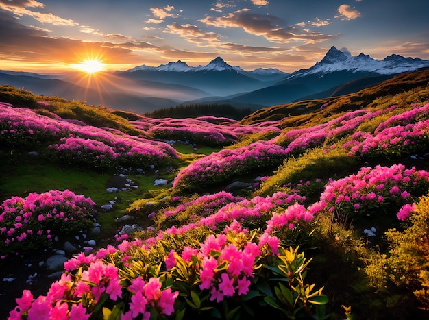 Foto cenário de primavera de montanha com uma flor de rododendro e o sol nascente