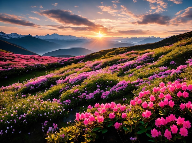 Cenário de primavera de montanha com uma flor de rododendro e o sol nascente
