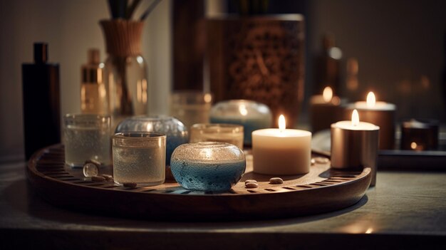 Cenário de spa com velas e sal em uma mesa de madeira generative ai
