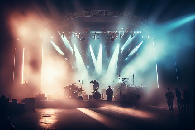 Cenário de teatro com palco de concerto iluminado por holofotes coloridos e AI gerador de fumaça