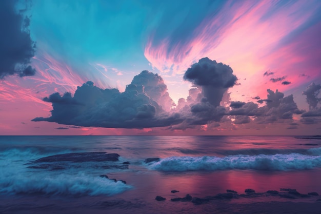 Cenário do pôr do sol com rochas oceânicas e céu com nuvens criado usando tecnologia generativa de IA