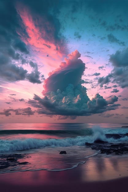 Cenário do pôr do sol com rochas oceânicas e céu com nuvens criado usando tecnologia generativa de IA