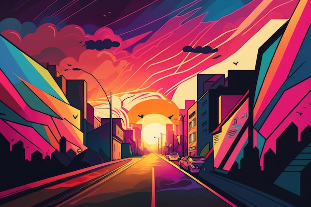 Cenário do pôr do sol em um estilo de design pintado à mão colorido de uma estrada de montanha