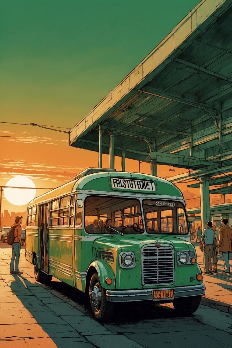 Foto cenário do terminal de ônibus, dossel retro, sinais verdes e brancos, ônibus estacionados clássicos, bancos com moldura metálica e brilho de pôr-do-sol laranja fraco, estilo poster retro dos anos 70.