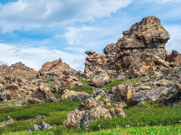 Cenário ensolarado das montanhas com grandes pedras de formato incomum. Impressionante paisagem montanhosa cênica com grandes pedras rachadas closeup entre grama sob o céu azul na luz solar.