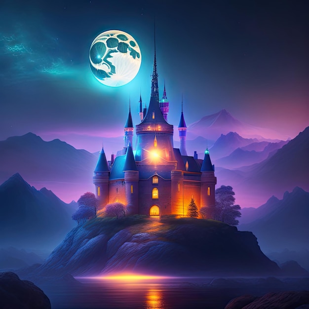 Cenário épico de castelo com lua cheia no majestoso céu noturno Arte digital