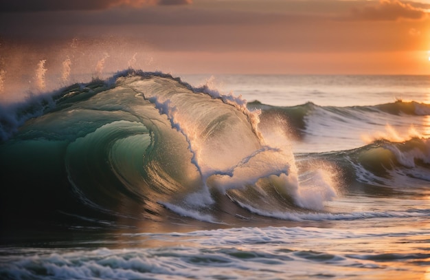 Foto cenário espetacular de poderosas ondas oceânicas rolando perto da costa na praia sob céu nublado laranja ao pôr do sol