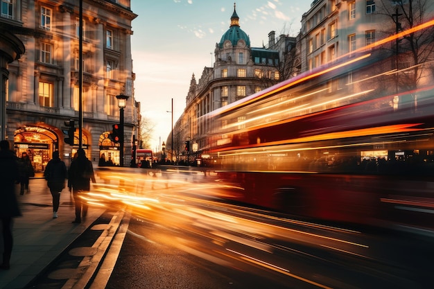 Cenário europeu da rua da noite que move ônibus e pedestres