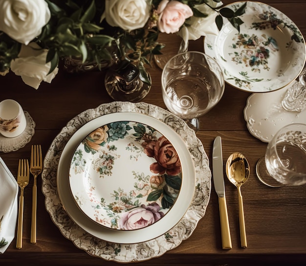 Cenário formal de mesa em estilo campestre com talheres de porcelana floral para casamento e jantares especiais, decoração de casa e design de interiores IA generativa