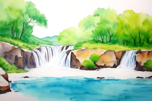 Foto cenário gracioso de cachoeira natural expressiva pintura em aquarela desenhada à mão no papel