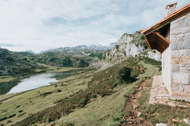 Cenário idílico de montanhas na Espanha com prados floridos na primavera, conceitos de liberdade, liberdade e paz