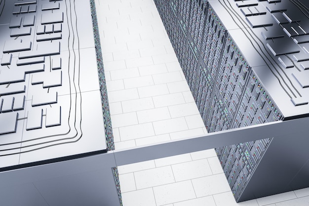Cenário interior da sala do servidor criativo com racks Computação em nuvem e conceito de telecomunicações Renderização em 3D