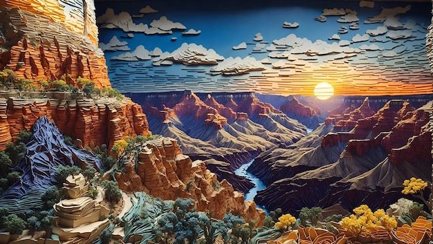 Cenário mágico do parque nacional do grand canyon com design de arte quilling de papel de filigrana