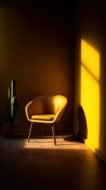 Cenário minimalista com cadeira amarela e sombras