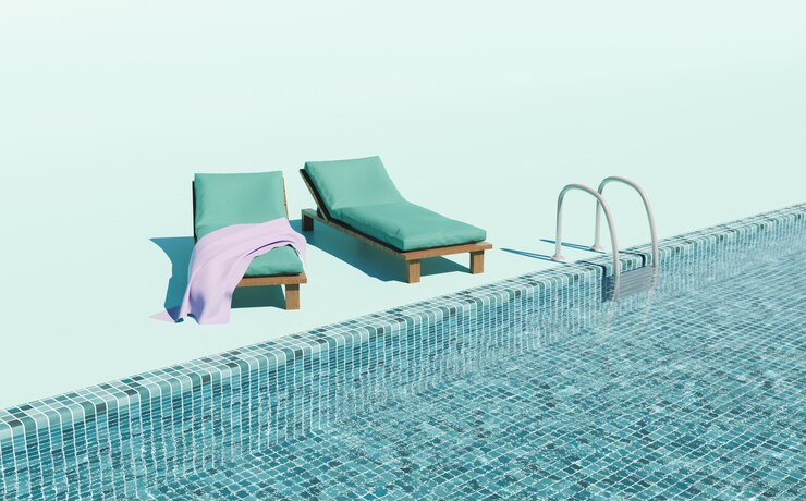 cenário mínimo de espreguiçadeiras na piscina, fundo de verão