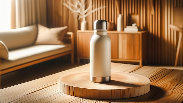 cenário natural com uma garrafa térmica branca colocada em uma mesa de madeira em ambientes fechados