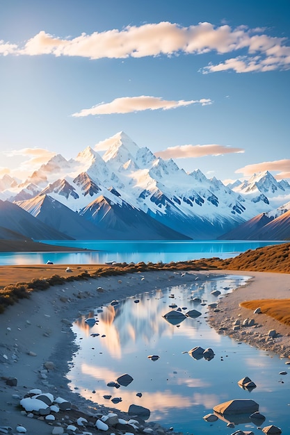 Cenário panorâmico do Monte Cook branco e céu claro durante o pôr do sol refletem em Pukaki LakeSouth