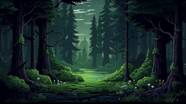 cenário pixelado horizontal sem costura da floresta noturna de primavera ou verão para jogos de 8 bits