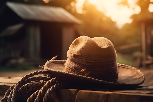 Cenário rústico ao ar livre Sunset Rural background com chapéu de cowboy fechado e corda Generative ai
