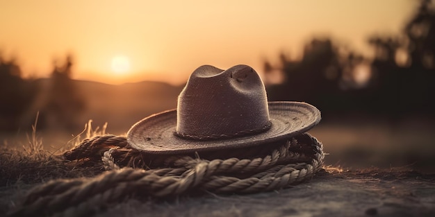 Cenário rústico ao ar livre Sunset Rural background com chapéu de cowboy fechado e corda Generative ai