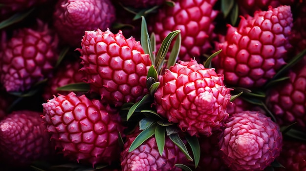 Cenário textural de um monte de amoras frescas e suculentas, vista superior saborosa, IA generativa