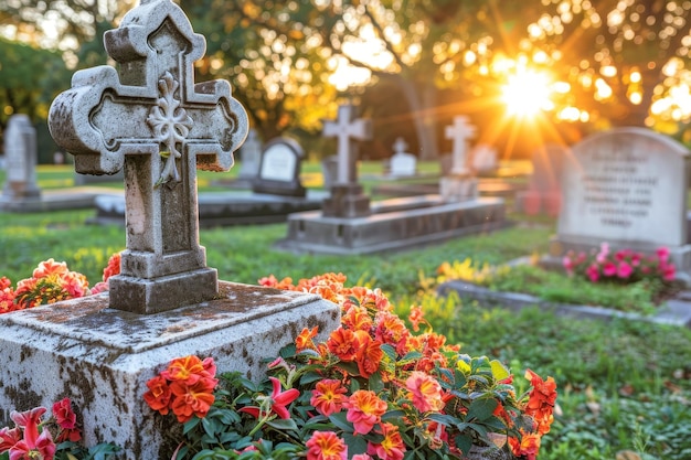 Foto cenário tranquilo cemitério católico com cruz gravada no marcador de sepultura em fundo de foco suave