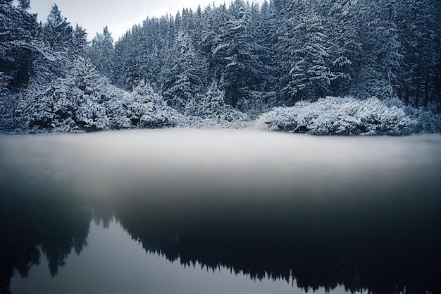 Cenário tranquilo com castelo de neve em nuvens, o riacho da montanha flui das colinas da floresta para o lago glacial