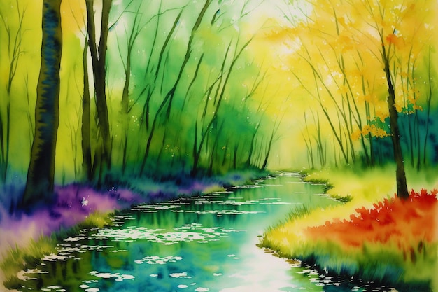 Cenário tranquilo de verão Uma pintura em aquarela do campo Park Lake e River Generative AI