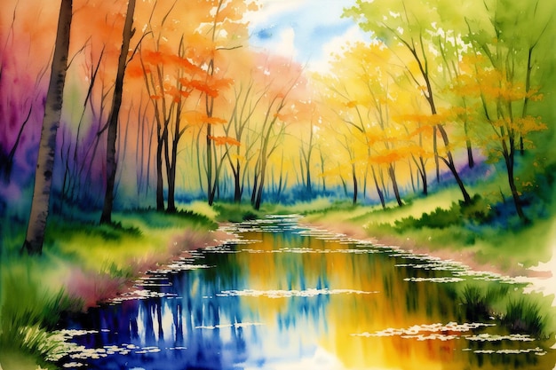 Cenário tranquilo de verão Uma pintura em aquarela do campo Park Lake e River Generative AI