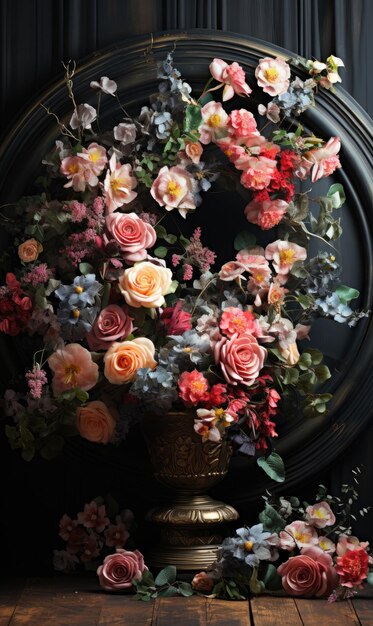 cenários digitais de anel floral disparar configurado com suporte flor e fundo de madeira flor em pendurado redondo