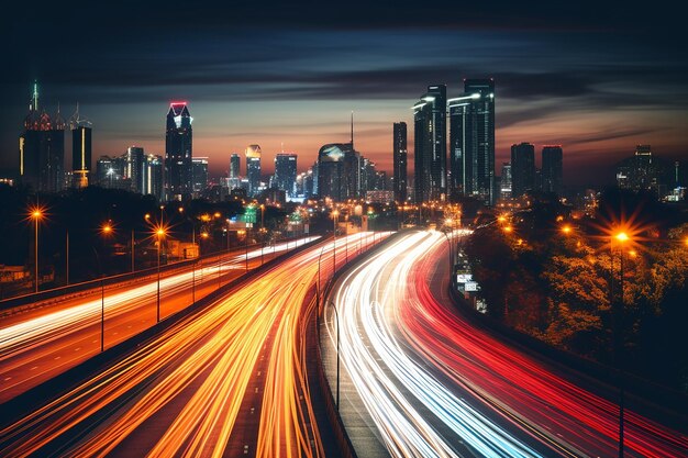 Cenas de rua urbanas com luzes de veículos borrosas