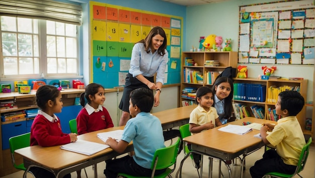 Cenas de sala de aula Imagens de salas de aula vibrantes e animadas com alunos interagindo com seus alunos