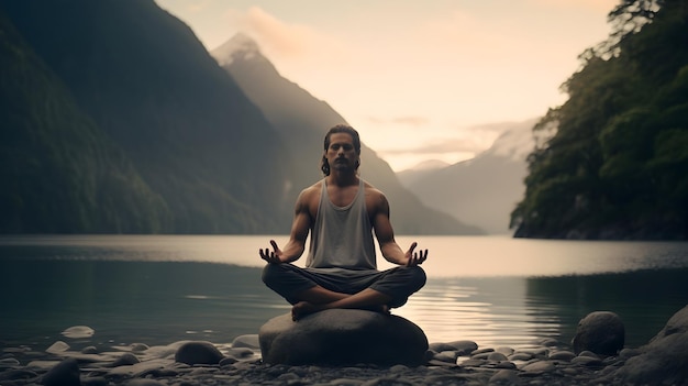 Cenas inspiradoras de um entusiasta da ioga praticando a atenção plena