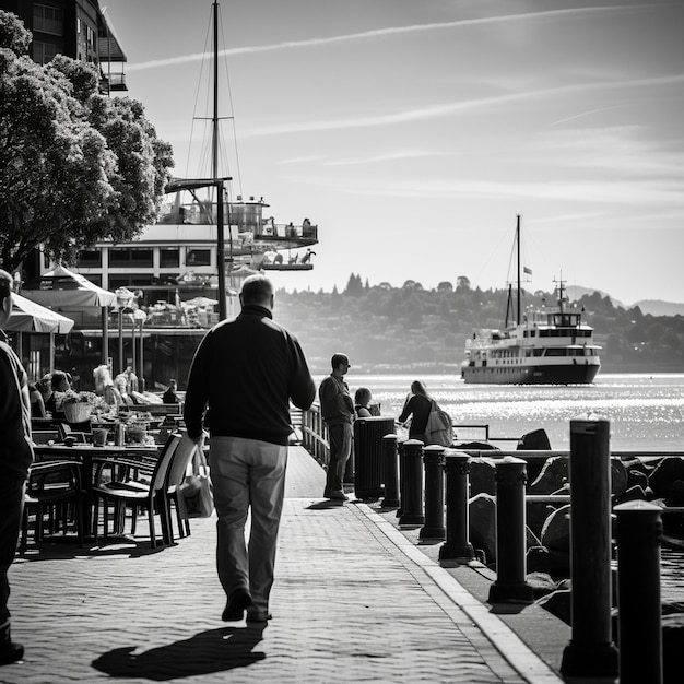 Cenas interessantes de fotografia de rua ao longo da bela beira-mar