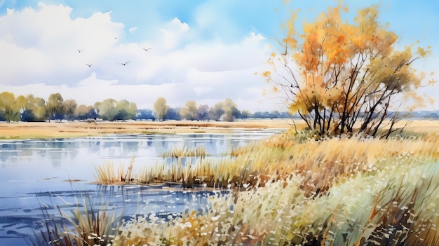 Cenas vibrantes de pintura em aquarela de outono de árvores e água