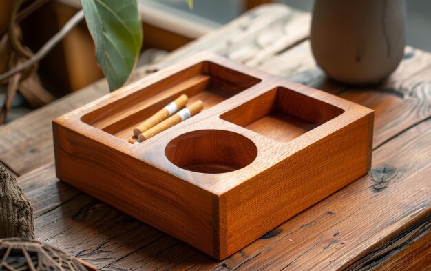 Cenicero de madera con compartimentos para cigarrillos