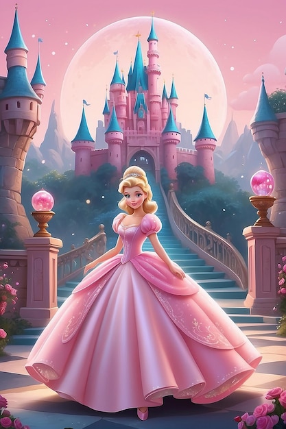 Cenicienta linda yendo al baile en un castillo rosa con su zapato de vidrio