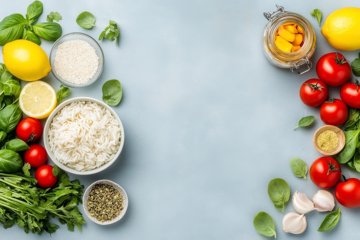 Foto cenital de un cuenco de chorba beida com ingredientes frescos y coloridos en una mesa de cocina