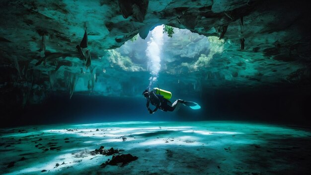 Foto cenote angelita méxico cueva buceo aventura extrema paisaje submarino bajo niebla de agua